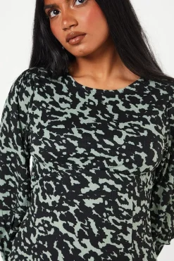 Petite Khaki Animal Print Ruffle Sleeve Midi Dress