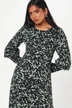 Petite Khaki Animal Print Ruffle Sleeve Midi Dress
