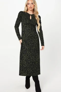 Petite Khaki Animal Ruched Keyhole Front Midi Dress