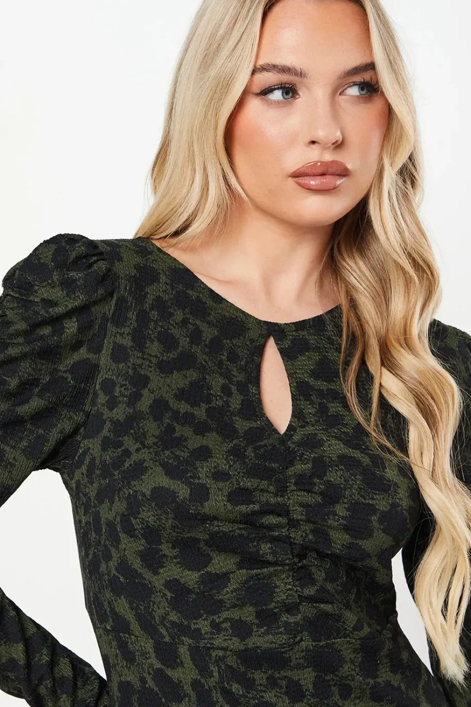 Petite Khaki Animal Ruched Keyhole Front Midi Dress