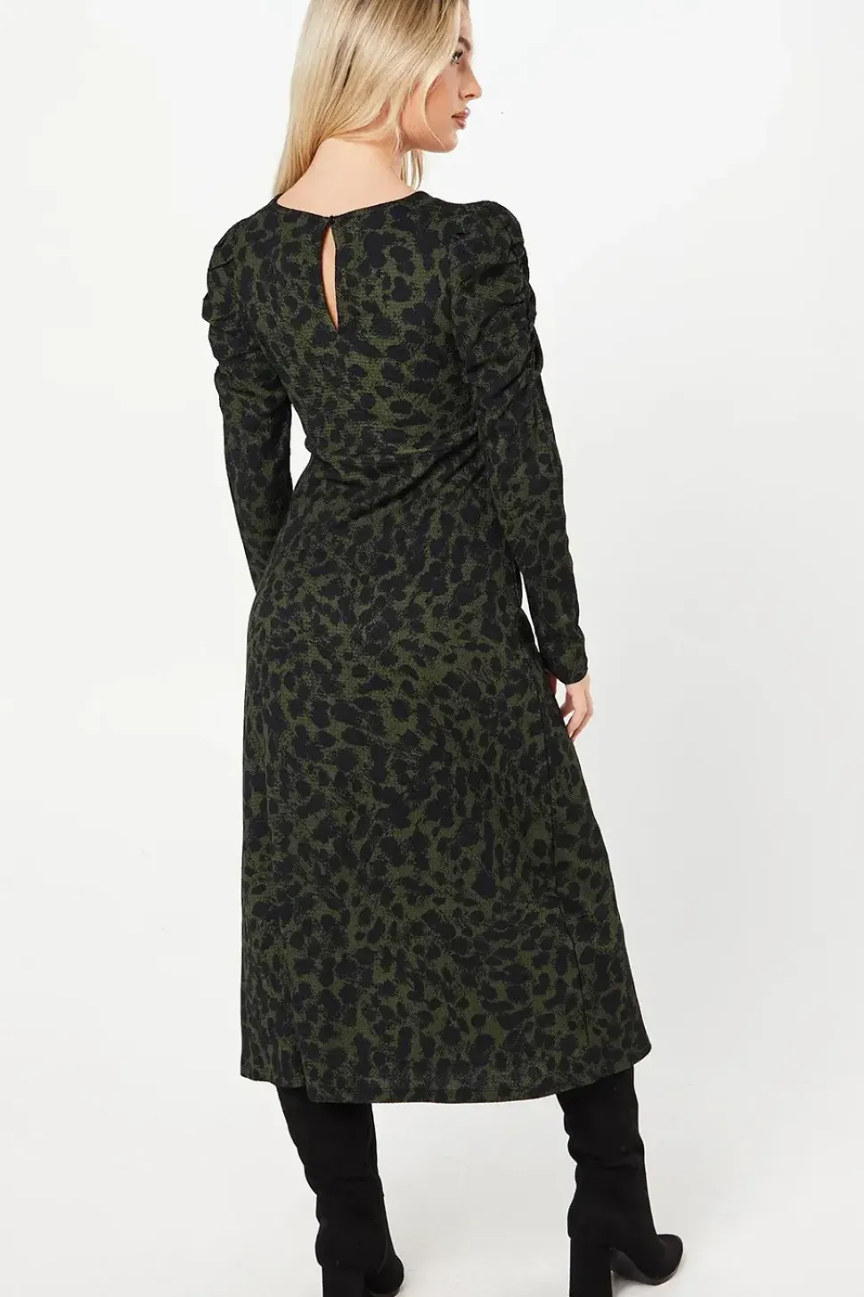 Petite Khaki Animal Ruched Keyhole Front Midi Dress