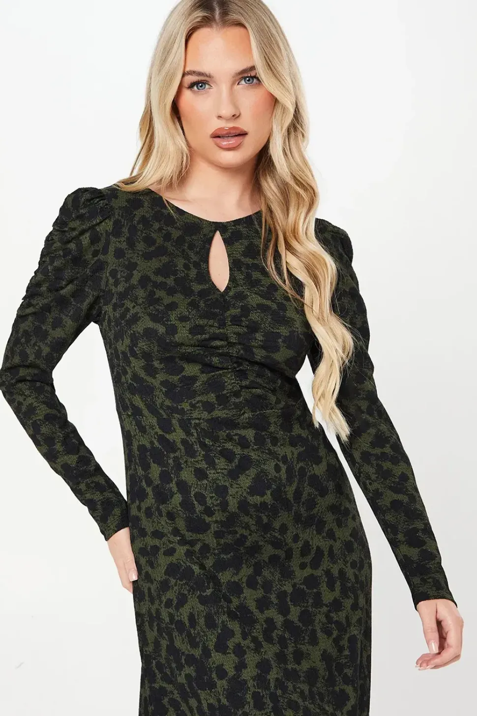 Petite Khaki Animal Ruched Keyhole Front Midi Dress