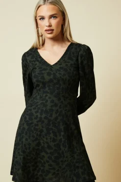 Petite Khaki Animal V Neck Mini Dress