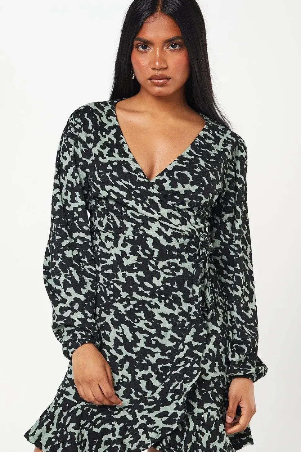 Petite Khaki Animal Wrap Mini Dress