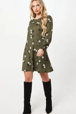Petite Khaki Floral V Neck Mini Dress