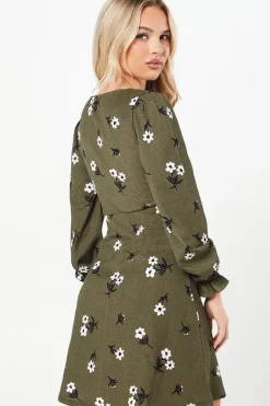 Petite Khaki Floral V Neck Mini Dress