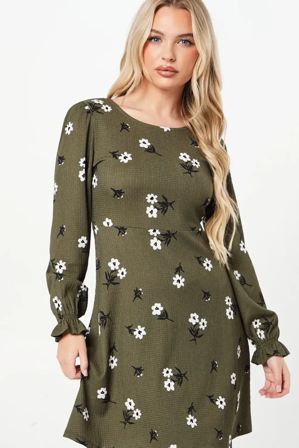 Petite Khaki Floral V Neck Mini Dress
