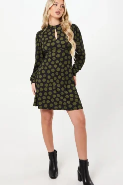 Petite Khaki Spot Keyhole Mini Dress