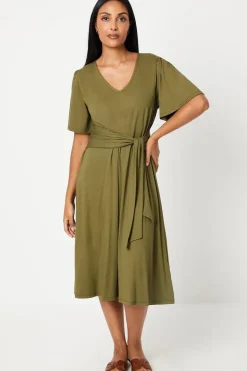 Petite Khaki Tie Front Jersey Midi Dress