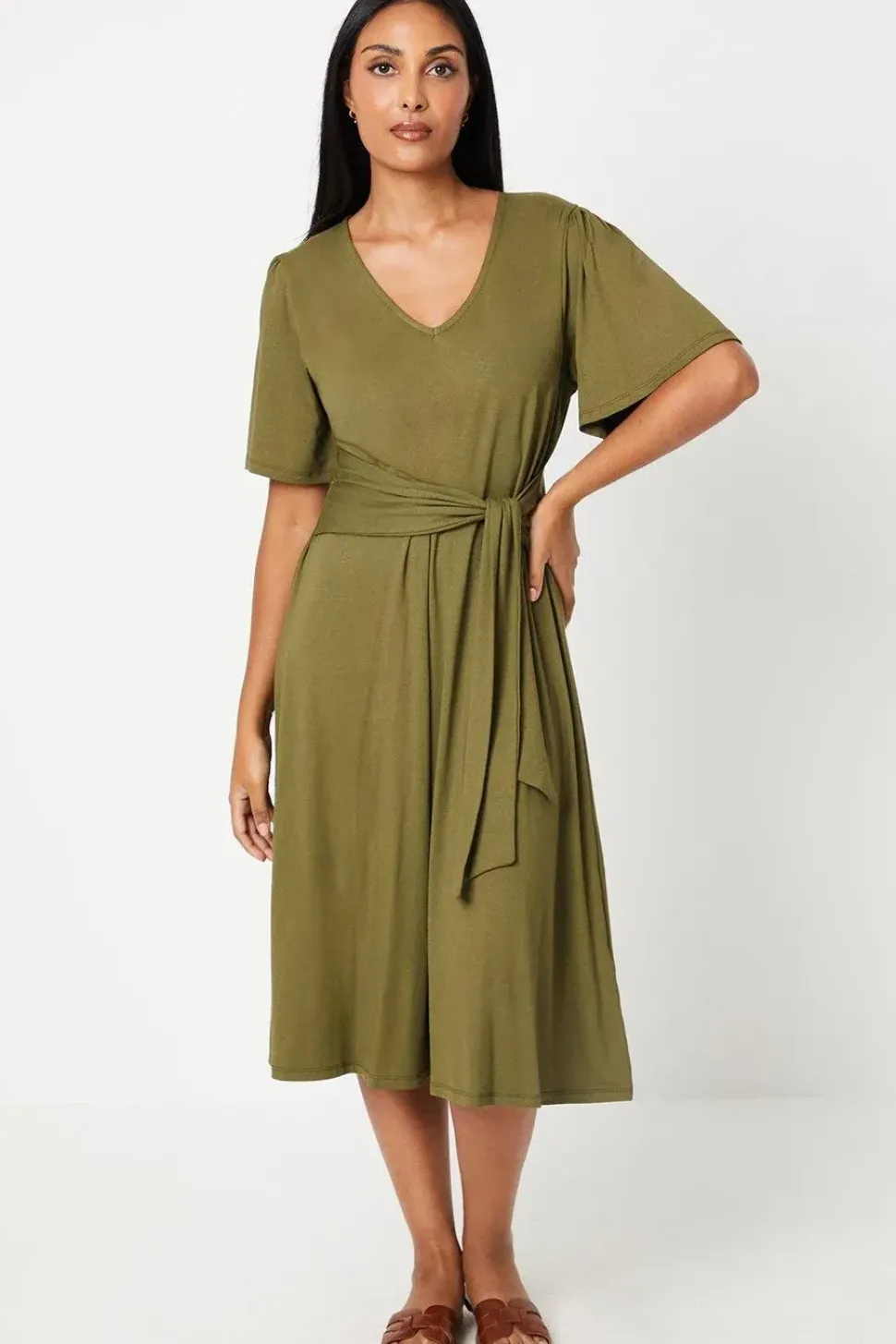 Petite Khaki Tie Front Jersey Midi Dress