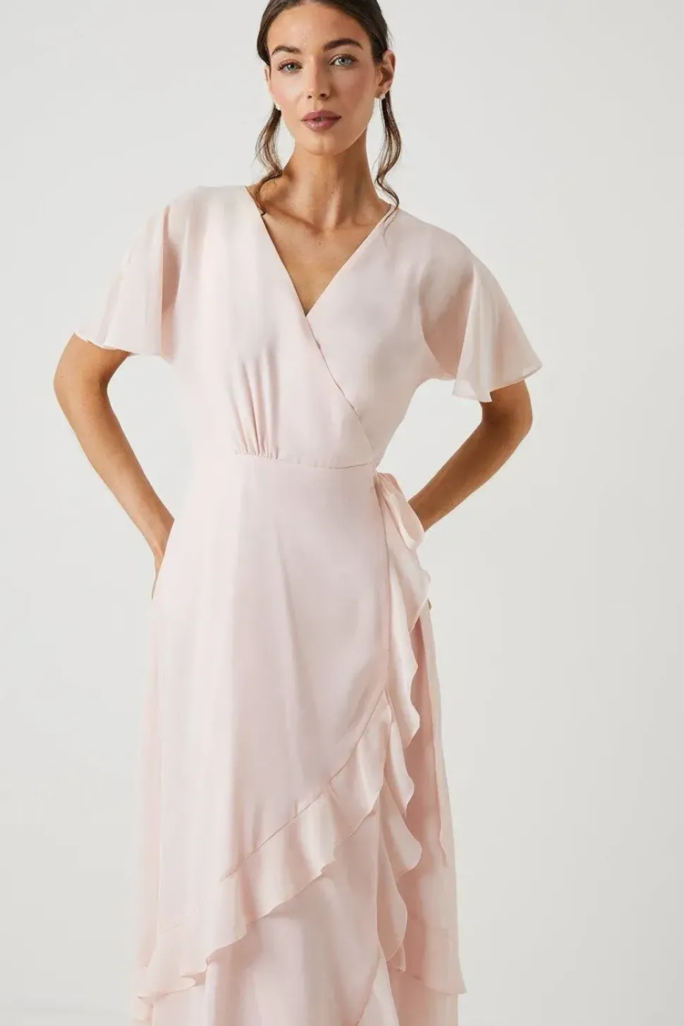 Petite Kimono Sleeve Ruffle Chiffon Maxi Bridesmaids Dress