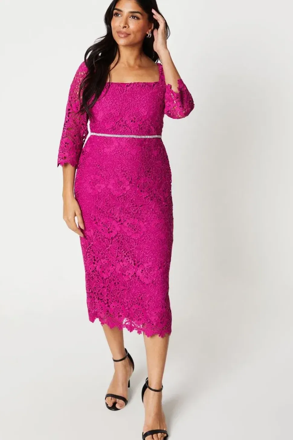 Petite Lace Embellished Waist Midi Dress