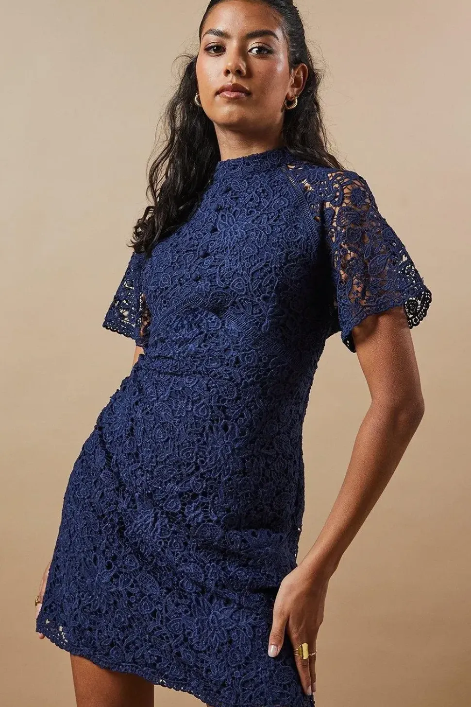 Petite Lace High Neck Button Mini Dress