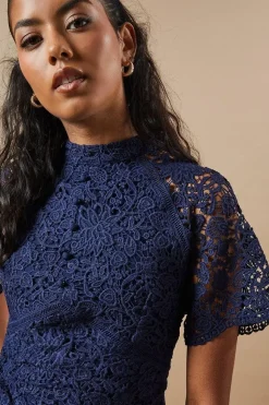 Petite Lace High Neck Button Mini Dress
