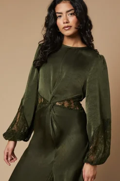 Petite Lace Insert Satin Midi Dress
