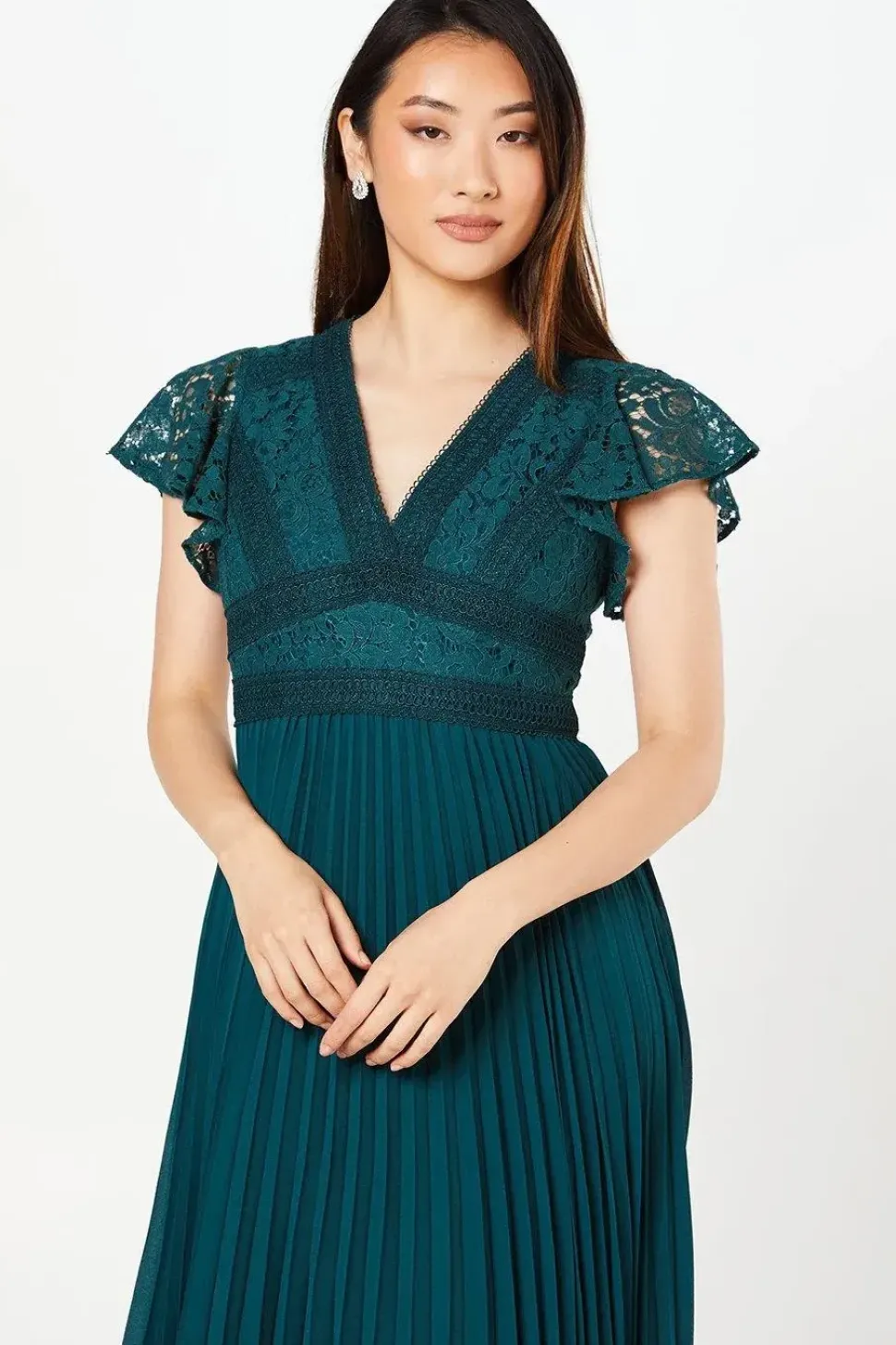 Petite Lace Top Pleated Skirt Fit & Flare Midi Dress