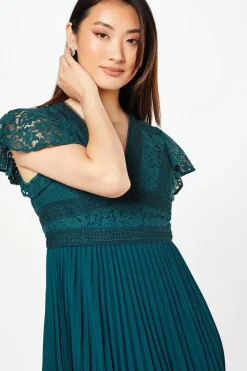 Petite Lace Top Pleated Skirt Fit & Flare Midi Dress