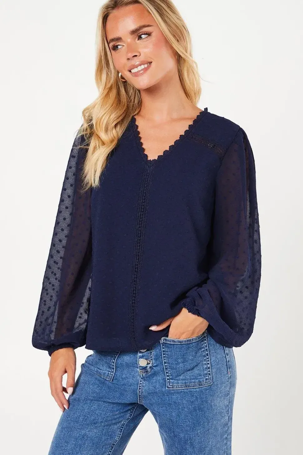 Petite Lace Trim Dobby Blouse