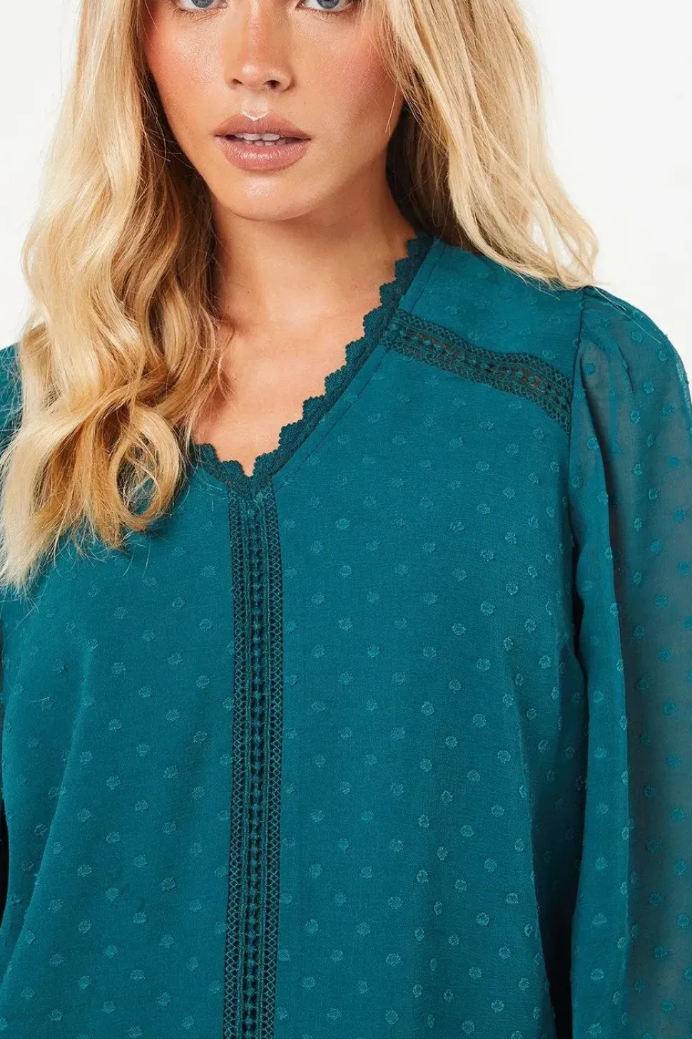 Petite Lace Trim Dobby Chiffon Blouse