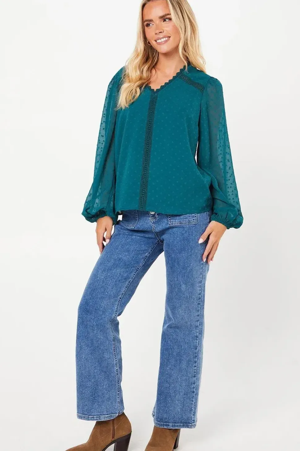 Petite Lace Trim Dobby Chiffon Blouse