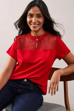 Petite Lace Trim Ruffle Neck Top