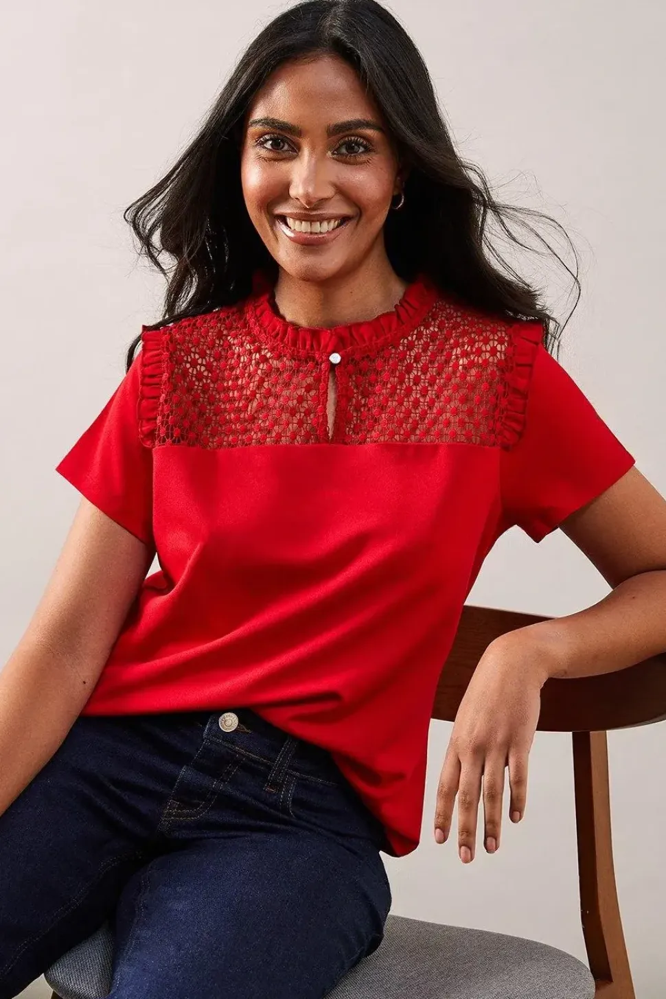 Petite Lace Trim Ruffle Neck Top