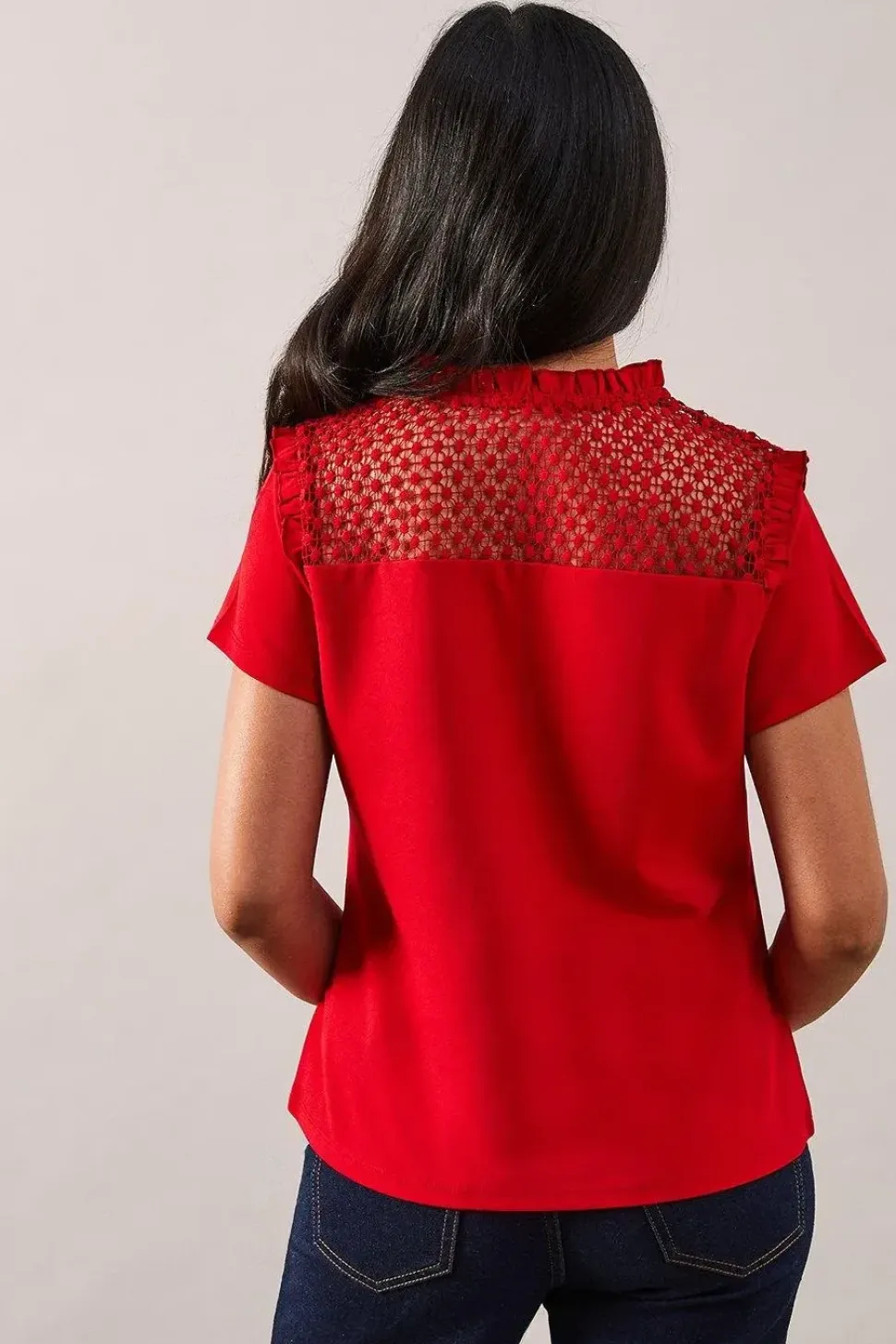 Petite Lace Trim Ruffle Neck Top