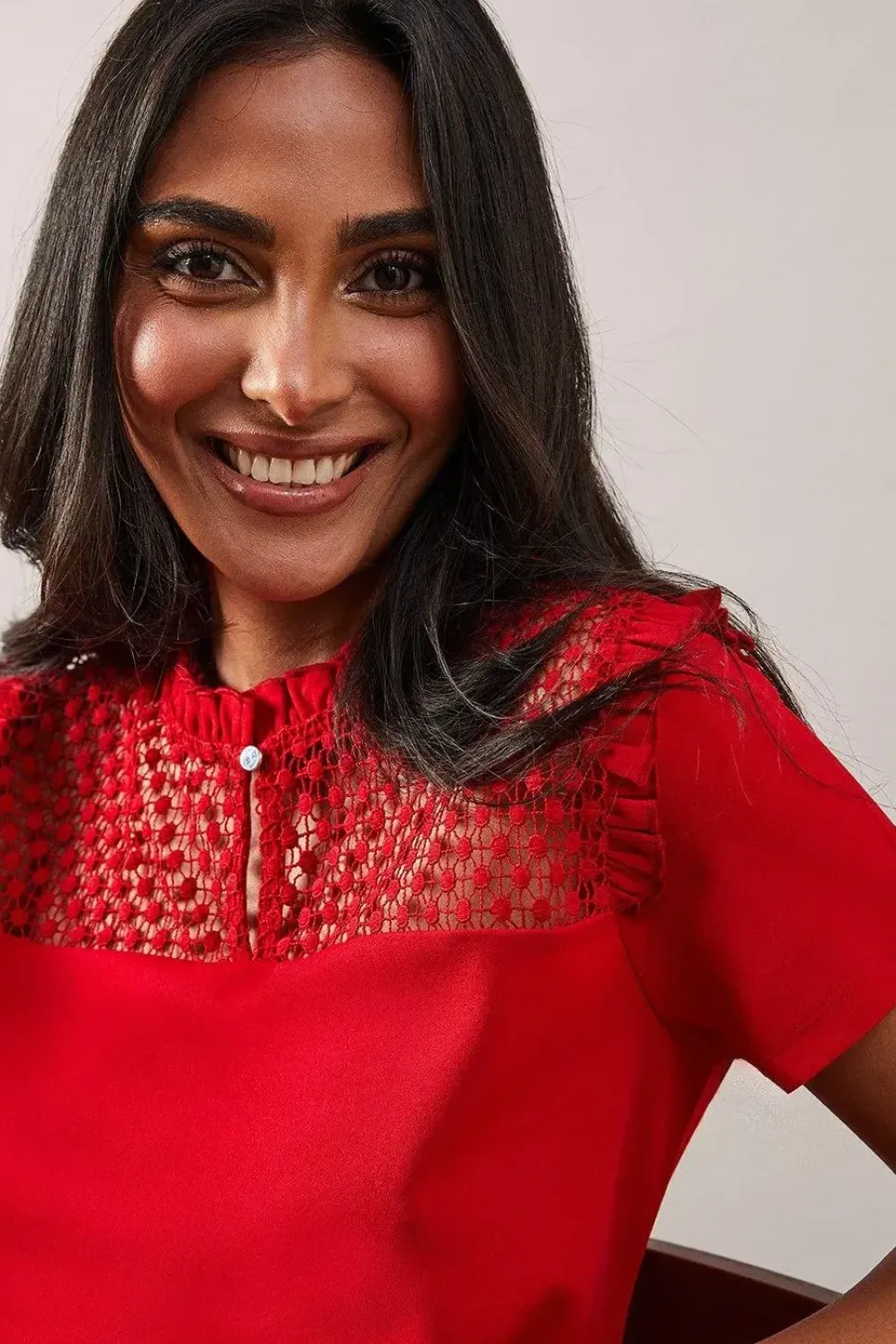Petite Lace Trim Ruffle Neck Top
