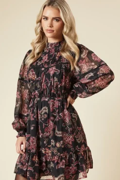 Petite Large Floral Chiffon Pleated Yoke Mini Dress