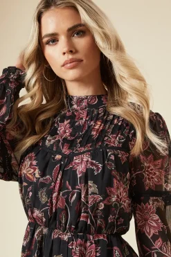 Petite Large Floral Chiffon Pleated Yoke Mini Dress