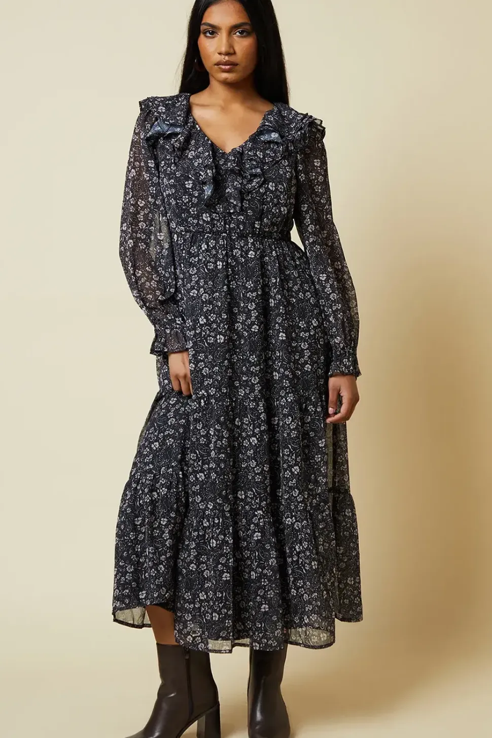 Petite Large Floral Chiffon Ruffle Midaxi Dress