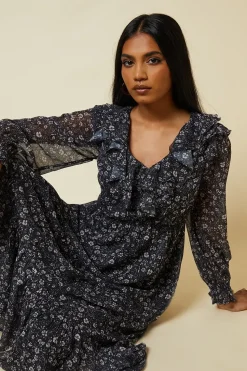 Petite Large Floral Chiffon Ruffle Midaxi Dress