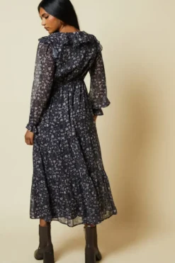 Petite Large Floral Chiffon Ruffle Midaxi Dress