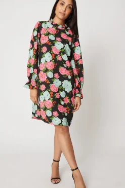 Petite Large Floral Ruffle Neck Shift Dress