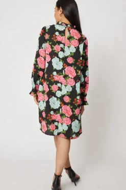 Petite Large Floral Ruffle Neck Shift Dress