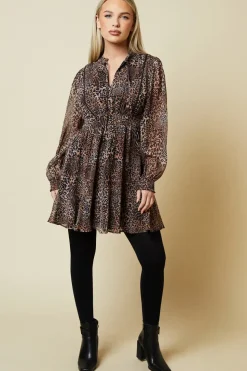 Petite Leopard Chiffon Lace Insert Long Sleeve Mini Dress