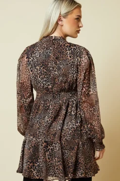 Petite Leopard Chiffon Lace Insert Long Sleeve Mini Dress