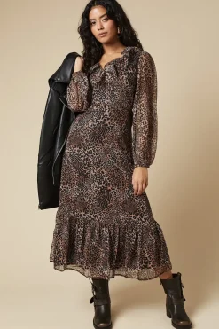 Petite Leopard Chiffon Ruffle Neck Long Sleeve Midi Dress