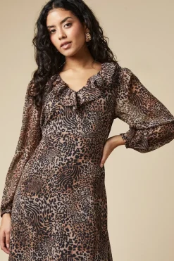 Petite Leopard Chiffon Ruffle Neck Long Sleeve Midi Dress