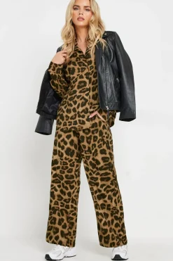 Petite Leopard Print Drawstring Wide Leg Trousers