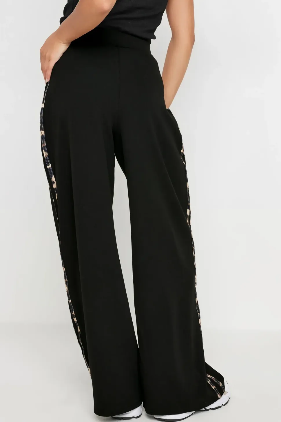 Petite Leopard Print Side Stripe Wide Leg Trousers