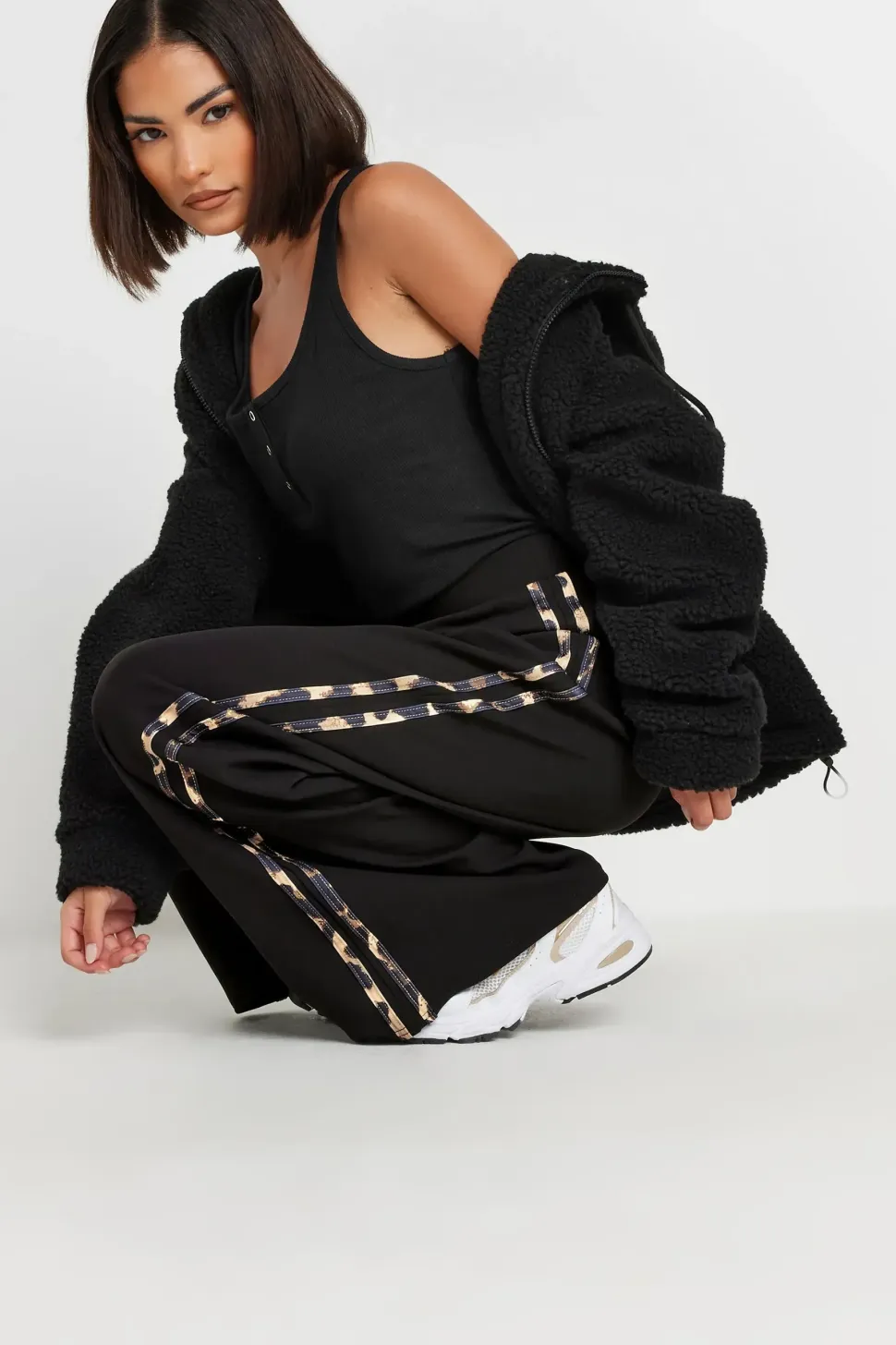 Petite Leopard Print Side Stripe Wide Leg Trousers