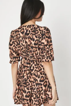 Petite Leopard Tie Front Mini Dress 3/4 Sleeve