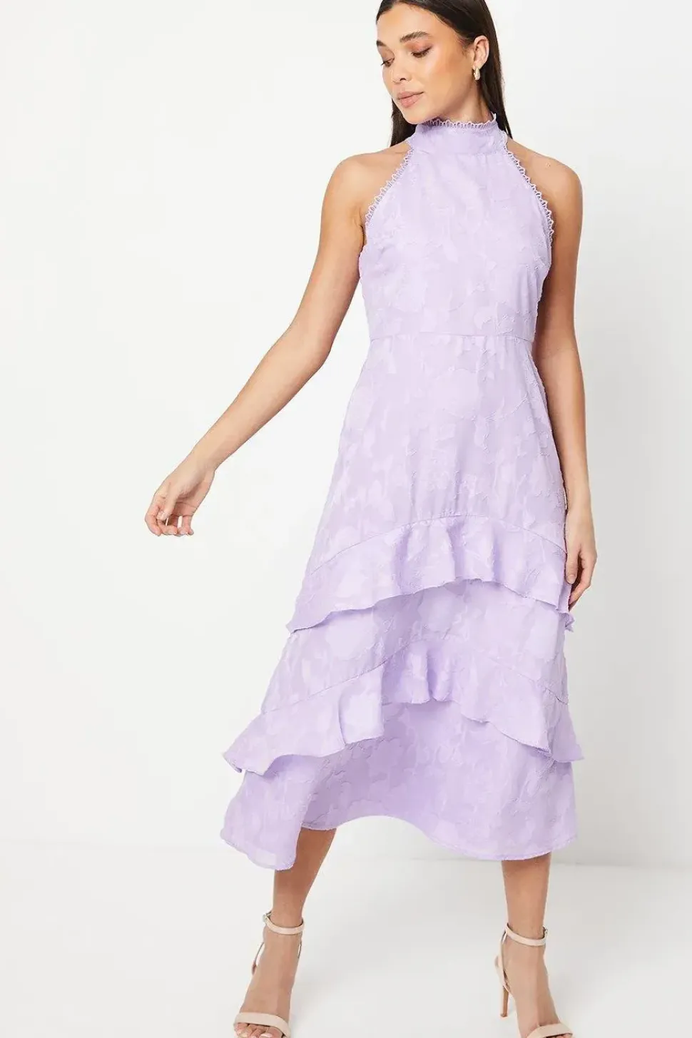 Petite Lilac Satin Jacquard Halterneck Midi Dress