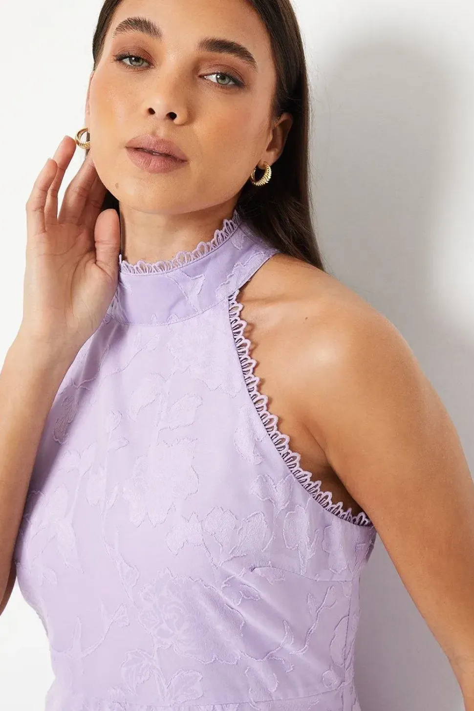 Petite Lilac Satin Jacquard Halterneck Midi Dress