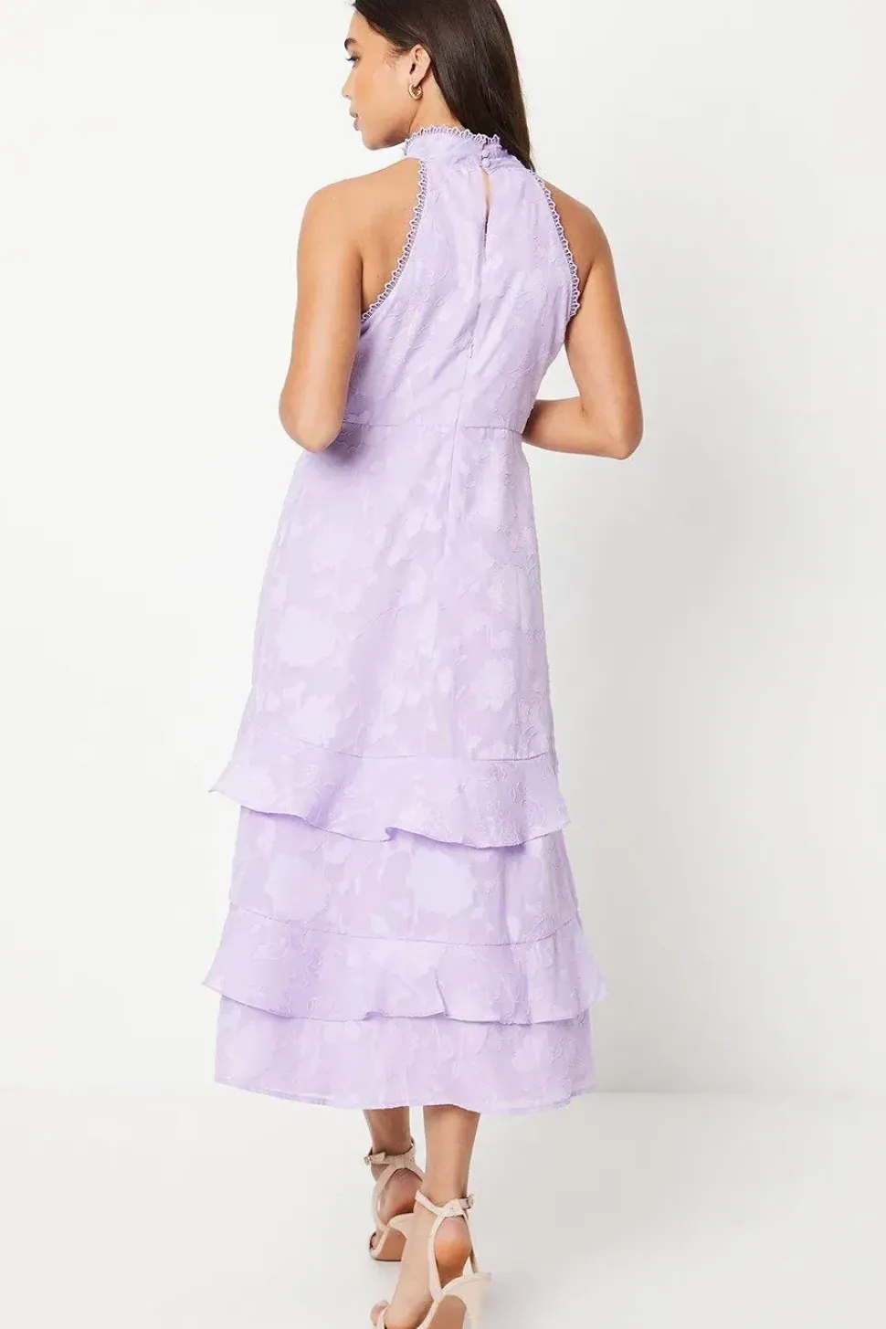 Petite Lilac Satin Jacquard Halterneck Midi Dress
