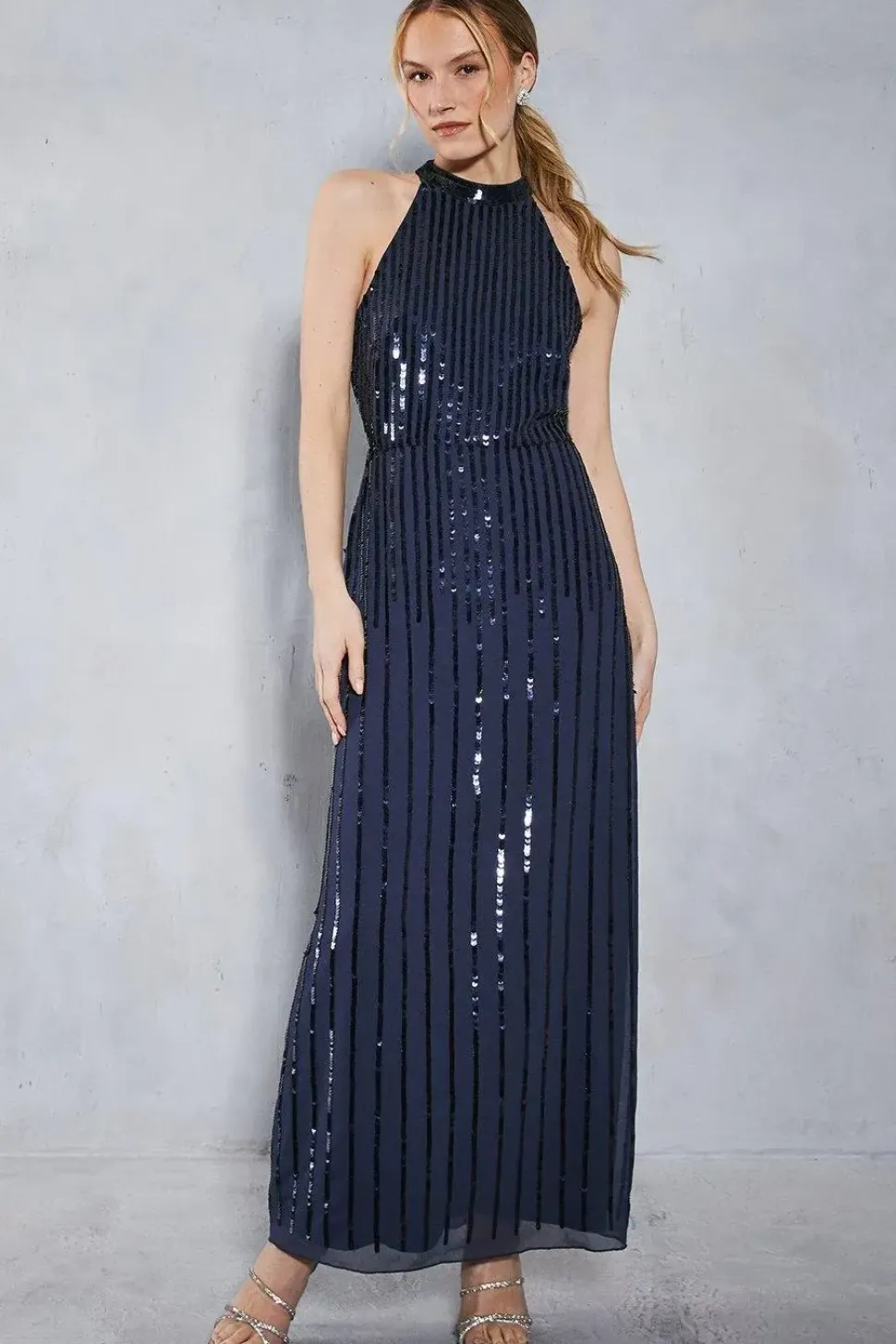 Petite Linear Sequin Halter Neck Maxi Dress
