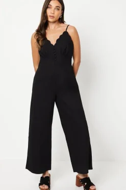 Petite Linen Scallop Edge Button Down Strappy Jumpsuit