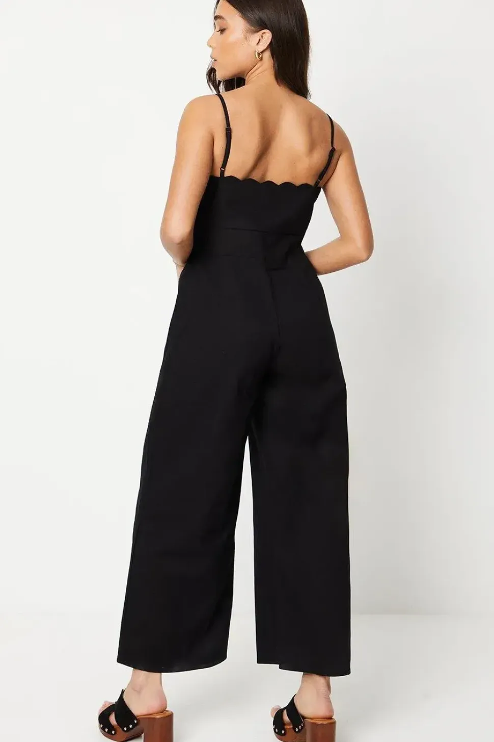 Petite Linen Scallop Edge Button Down Strappy Jumpsuit