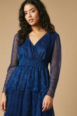 Petite Metallic Plisse Shirred Waist Tiered Maxi Dress